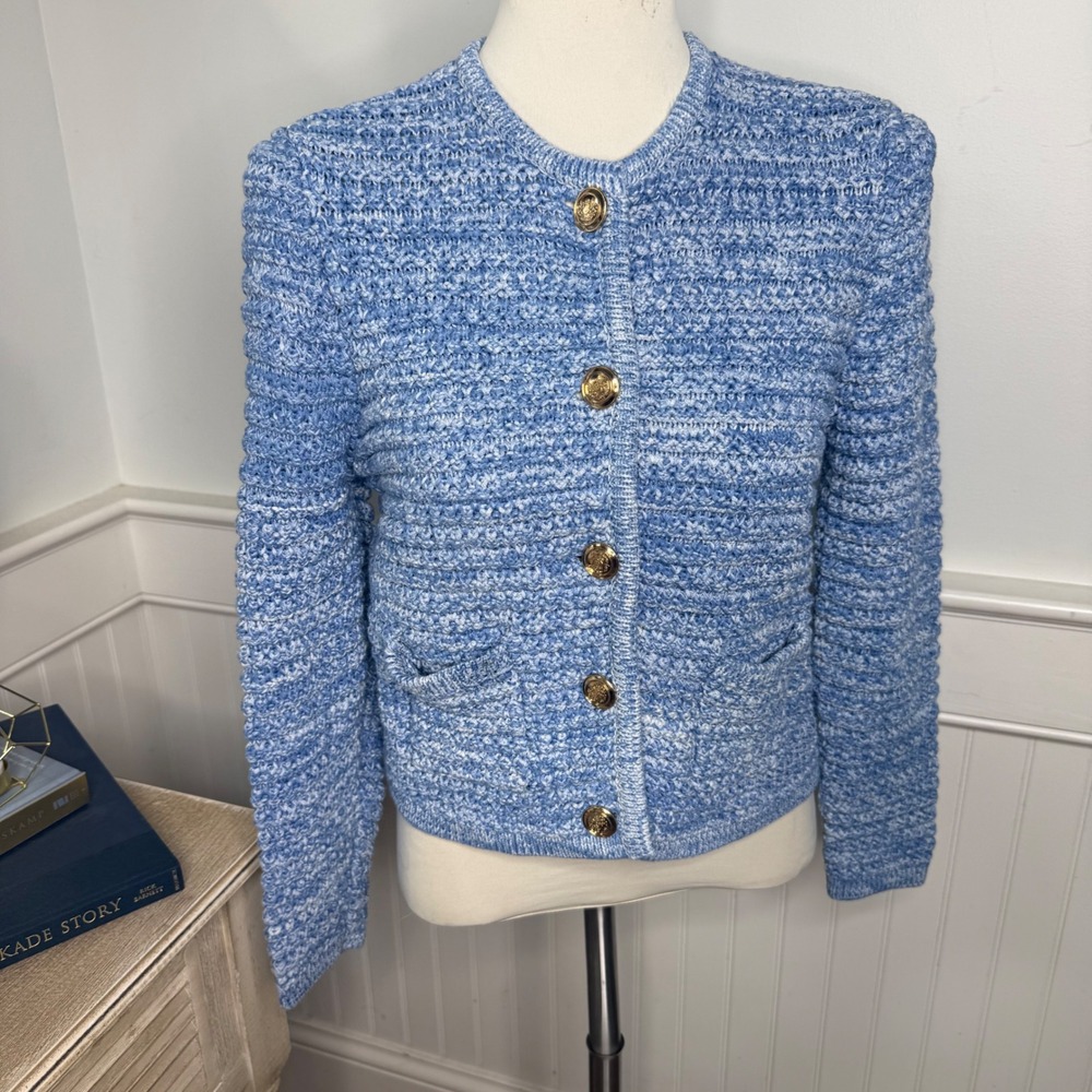 ba&sh Blue Textured Knit Cardigan Gold Crest Button Lady Jacket Size 1